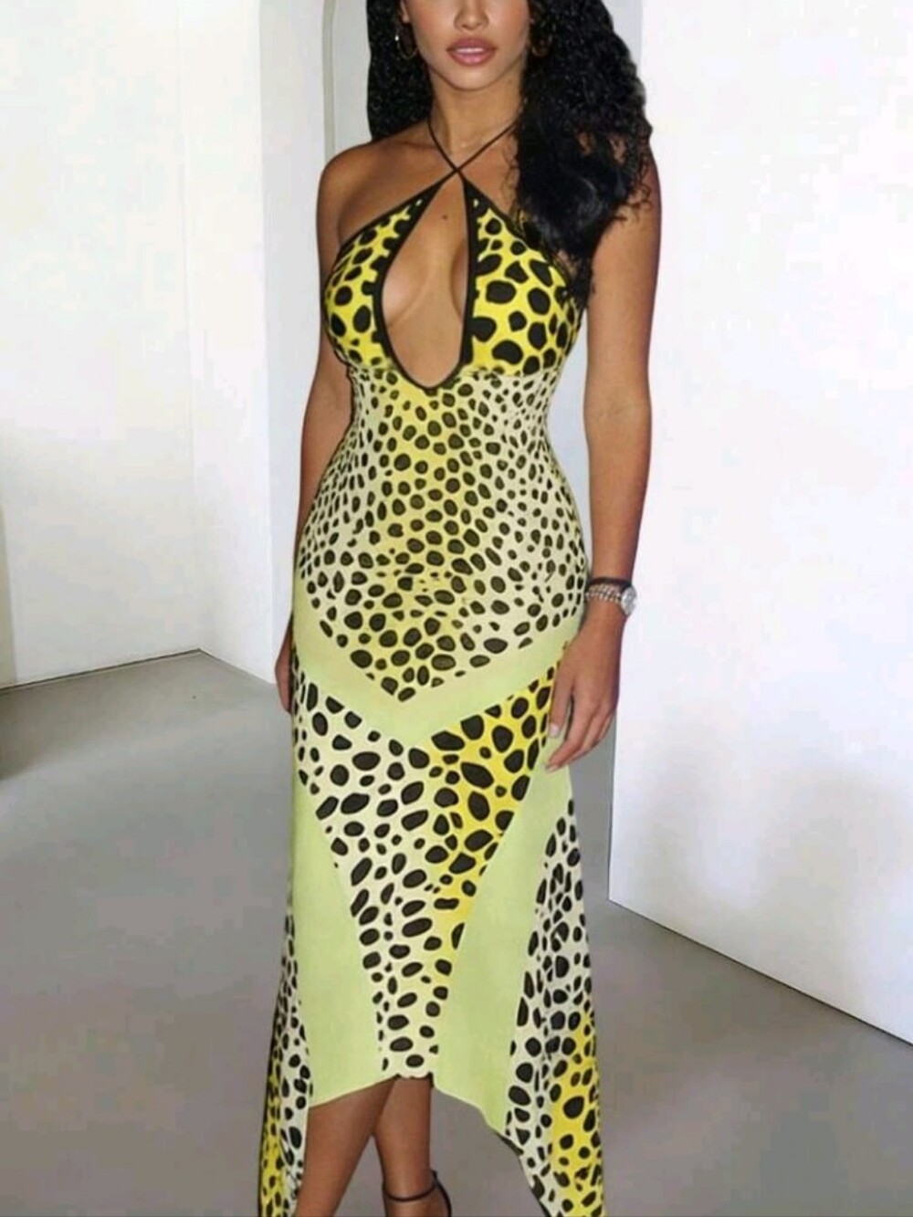 Summer Leopard Print Backless Fitted Spaghetti Strap Dress For Party, Nightclub